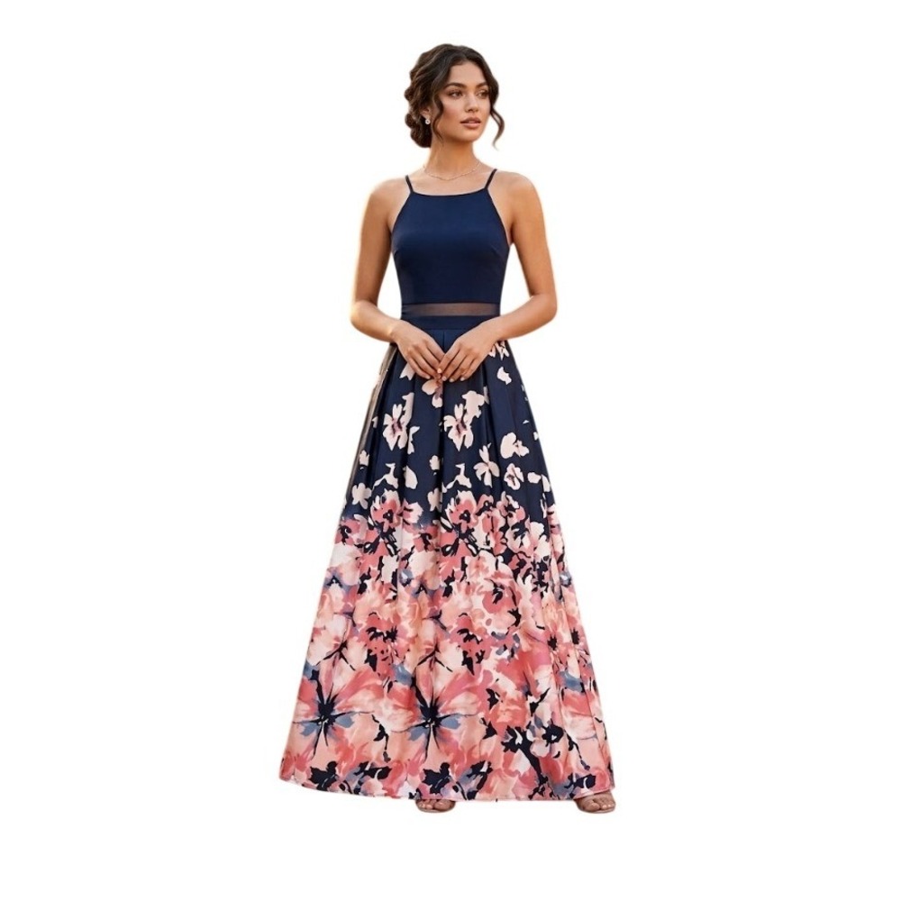 Betsy & Adam Floral Illusion Prom Gown Maxi Dress Halter Navy Blue Pink 4